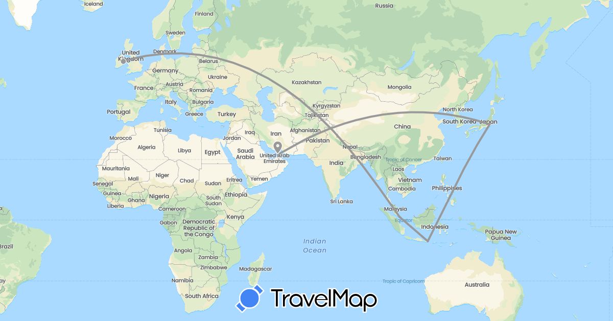 TravelMap itinerary: driving, plane in United Arab Emirates, Indonesia, Ireland, Japan, Singapore (Asia, Europe)